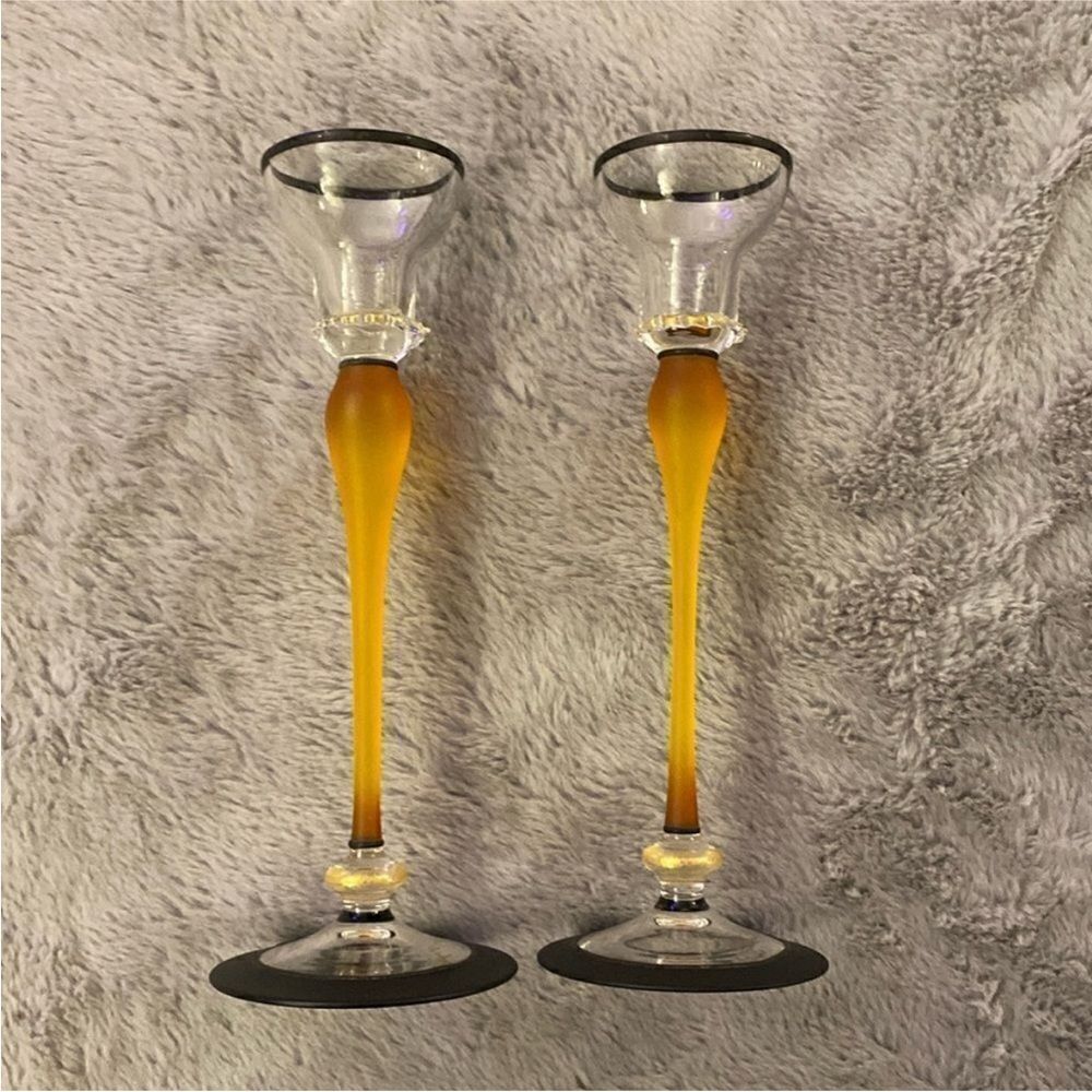 Gloria Vanderbilt Elegant Amber Glass Candle Holders (2)